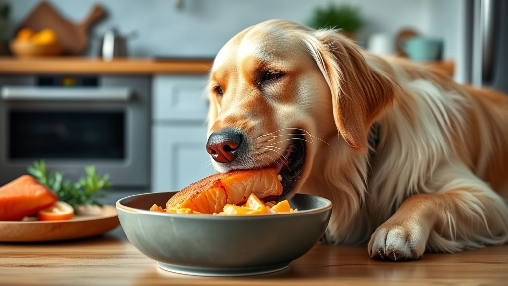 Golden retriever happily eating fresh cooked salmon from a ceramic bowl, kitchen background, natural lighting