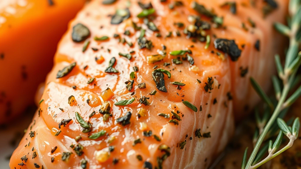 Close-up of nutritious salmon fillet with herbs, showing flaked texture, ready for dog meal preparation