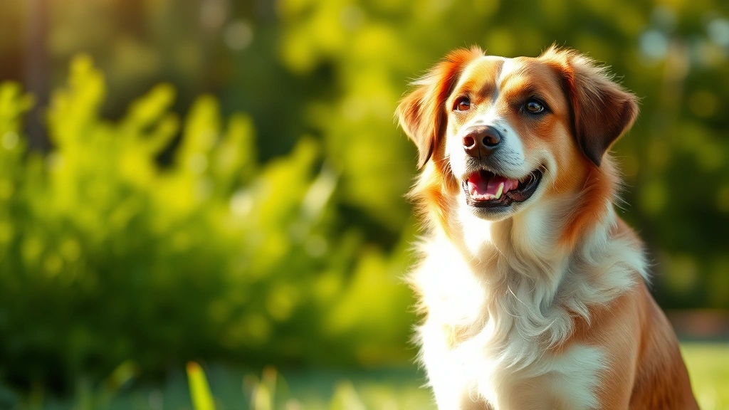 Senior dog with glossy healthy coat sitting outdoors in sunlight, representing benefits of omega-3 nutrition