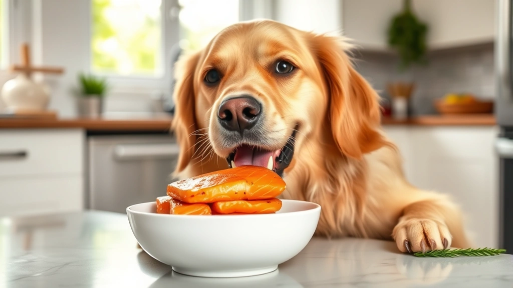 Golden Retriever eating fresh cooked salmon from a white bowl in a bright kitchen, happy expression, natural lighting
