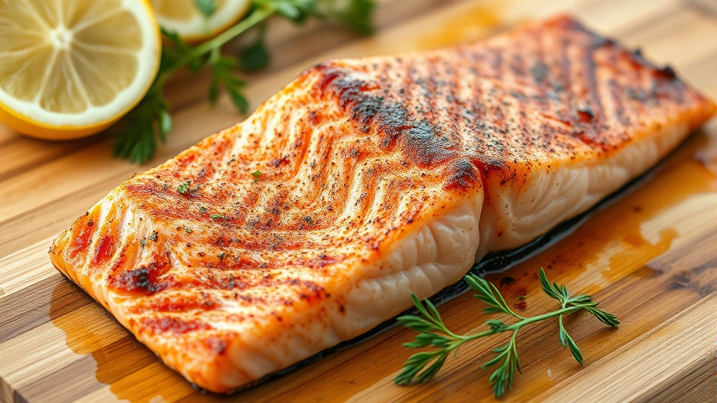 Close-up of crispy cooked salmon skin fillet on a cutting board with fresh lemon and herbs nearby, appetizing presentation