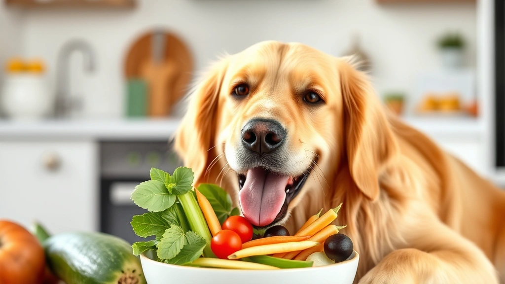 Golden retriever enjoying a bowl of fresh vegetables and whole foods, bright natural lighting, clean kitchen background, happy healthy dog expression