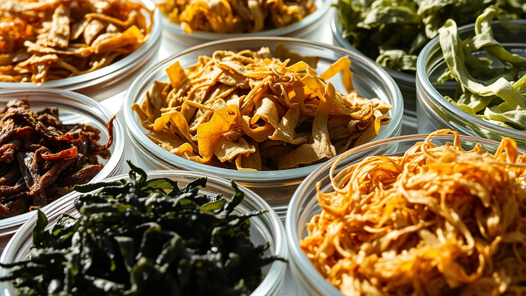 Close-up of various dried seaweed varieties in glass bowls, kelp nori dulse displayed, natural sunlight, ocean-inspired aesthetic, no text or labels visible