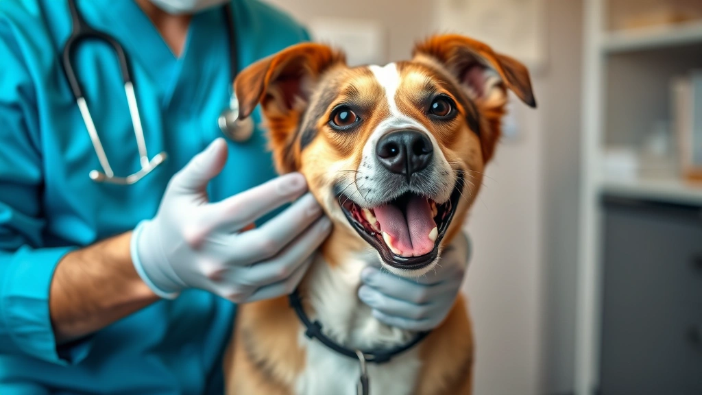 Veterinarian examining a dog's thyroid area during health checkup, professional clinic setting, caring hands, healthy dog looking content and calm
