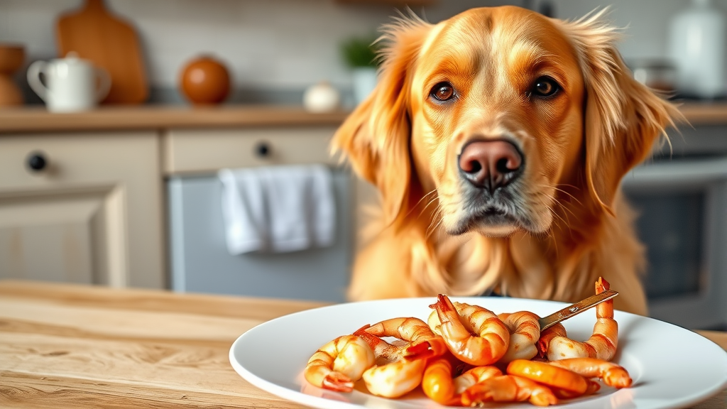 Golden retriever sitting beside fresh cooked shrimp on white plate, kitchen background, natural lighting, no text no words no letters