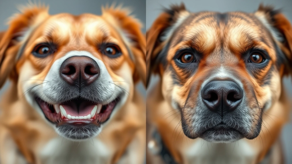 Close-up of dog's face showing different emotional expressions, one relaxed and content, one tense and anxious, side-by-side comparison, clear facial details