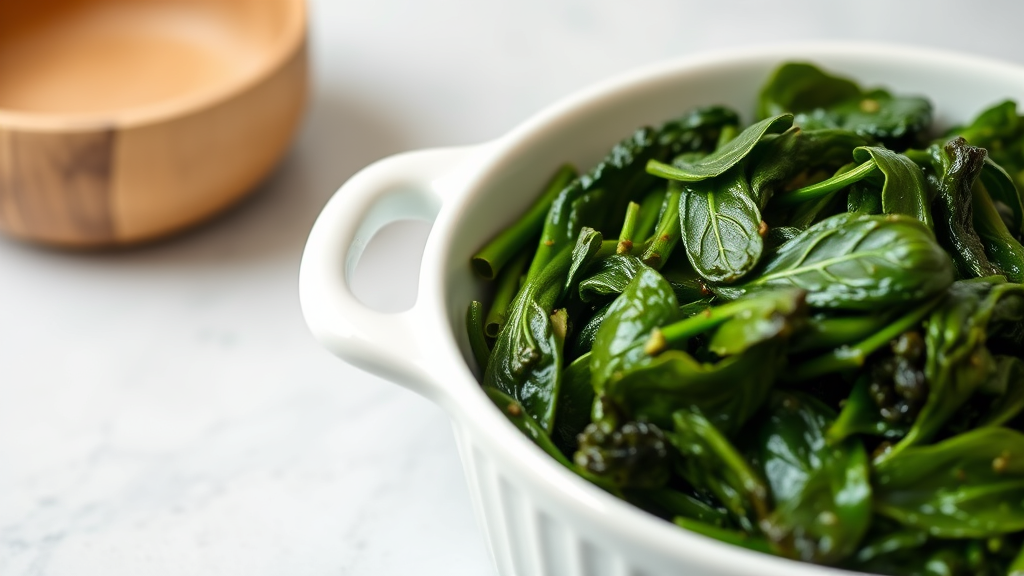 Cooked plain steamed spinach in white ceramic dish on kitchen counter, no text no words no letters