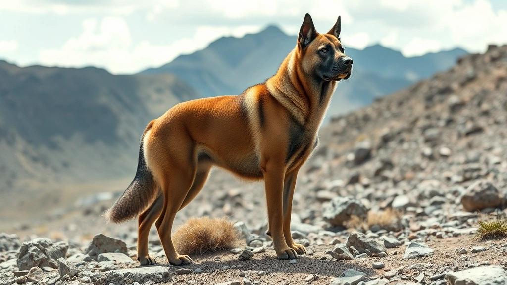 Large powerful Kangal dog standing alert in rocky mountainous terrain, muscular build, protective stance, natural daylight
