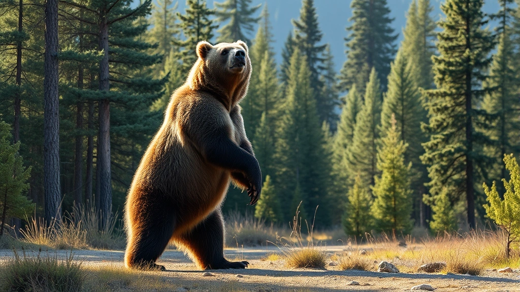 Massive grizzly bear standing on hind legs in forest clearing, showcasing size and power, dramatic natural lighting