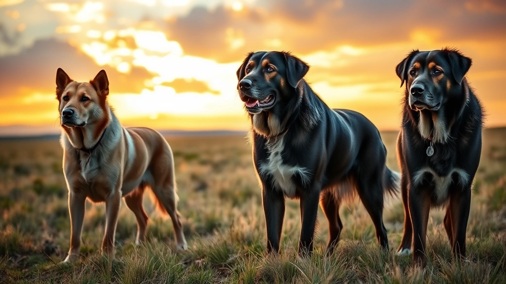 Pack of three large livestock guardian dogs standing together in open meadow, watchful expressions, golden hour lighting, dramatic sky