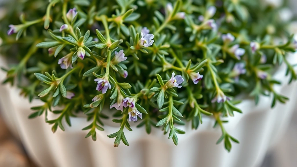 Close-up of fresh green thyme sprigs with delicate leaves and tiny purple flowers on a white ceramic surface, soft natural lighting
