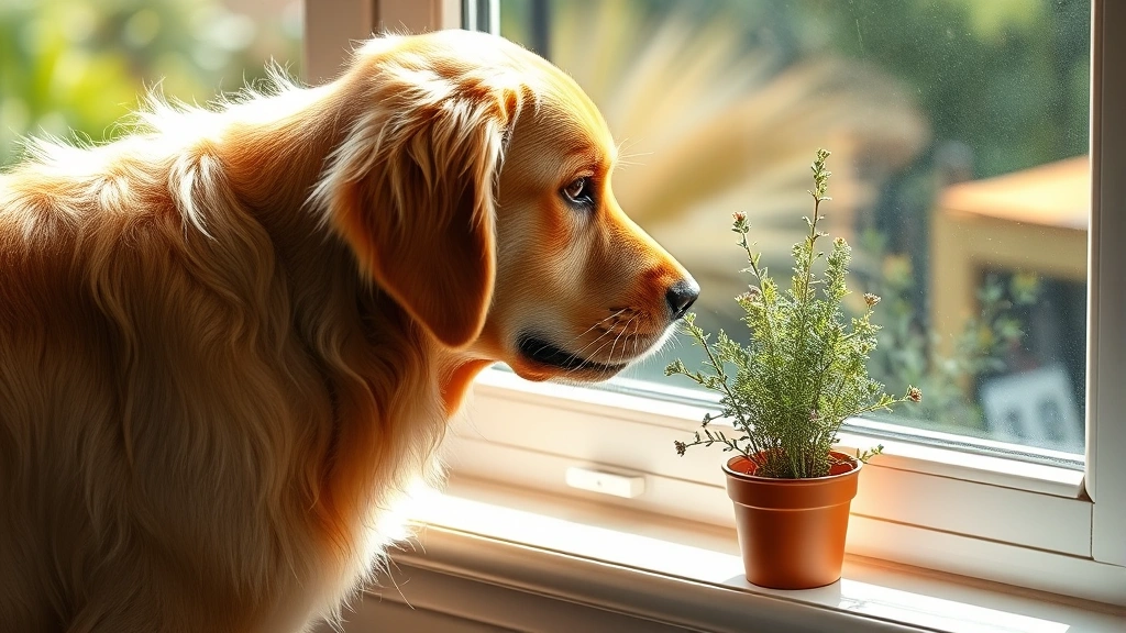 Golden retriever sniffing toward a small potted thyme plant on a sunny windowsill, curious expression, bright natural light