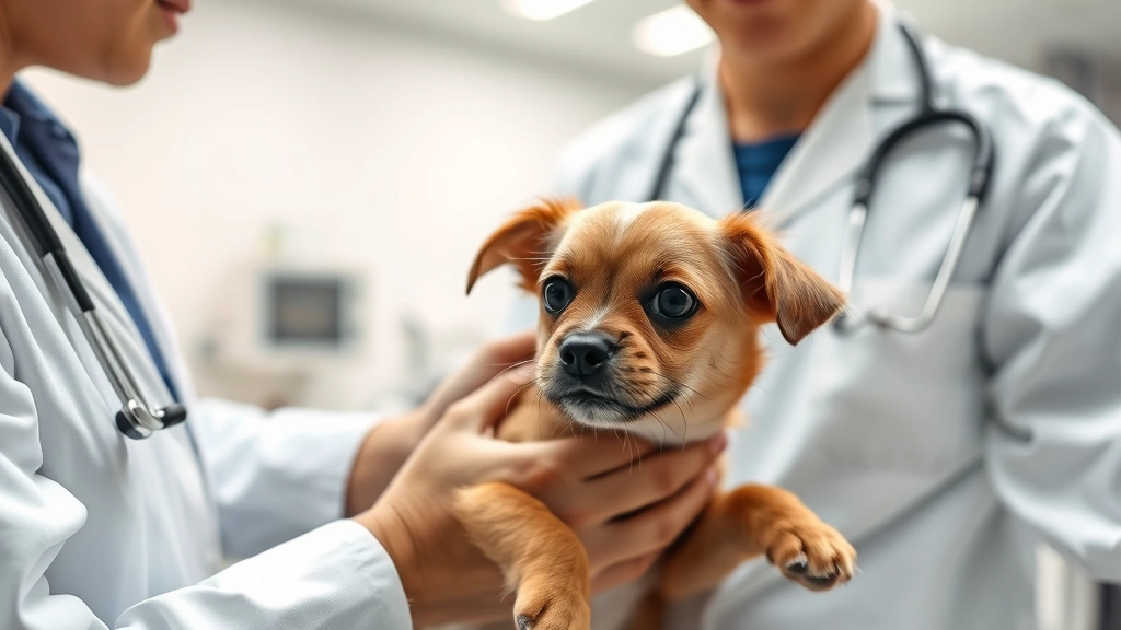 Veterinarian holding a small dog during examination in a modern clinic, stethoscope visible, professional setting with warm lighting