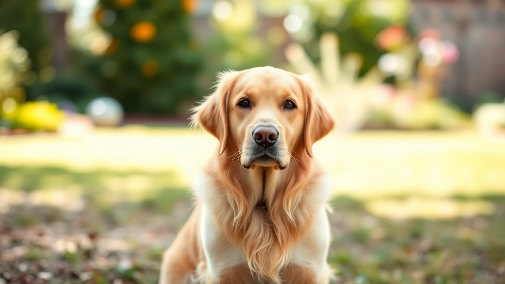 Golden retriever sitting outdoors looking at camera with blurred garden background, natural lighting