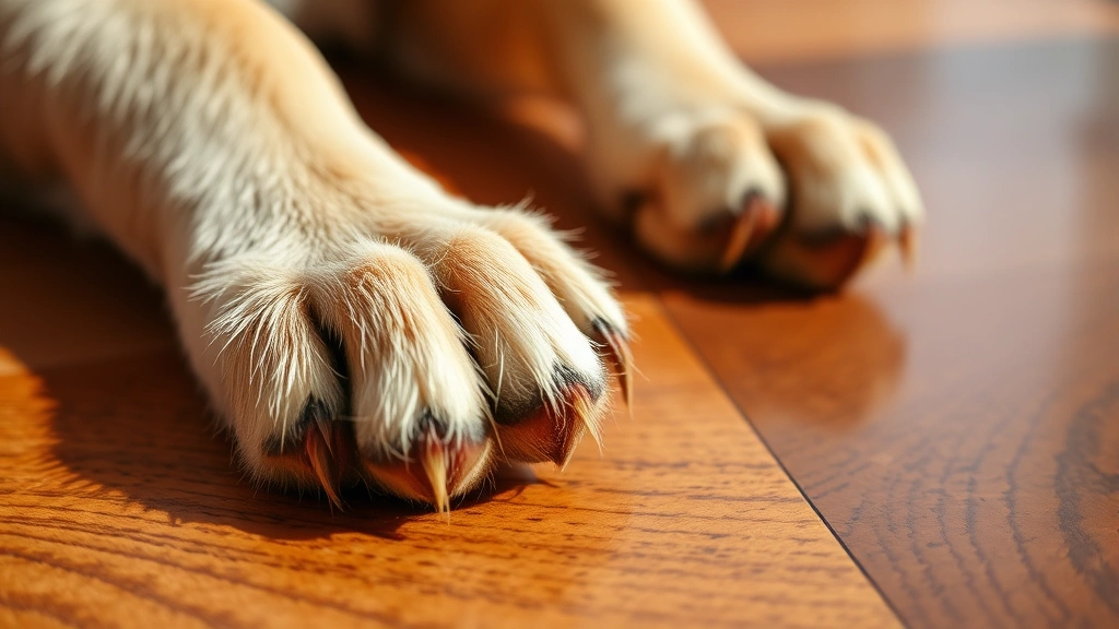 Close-up of dog's paw pads on wooden floor, showing texture and detail, warm natural light