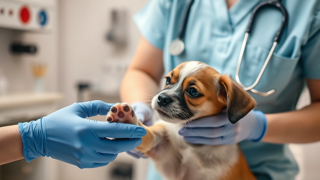 Veterinarian examining small dog's paw during checkup, professional clinic setting with soft lighting