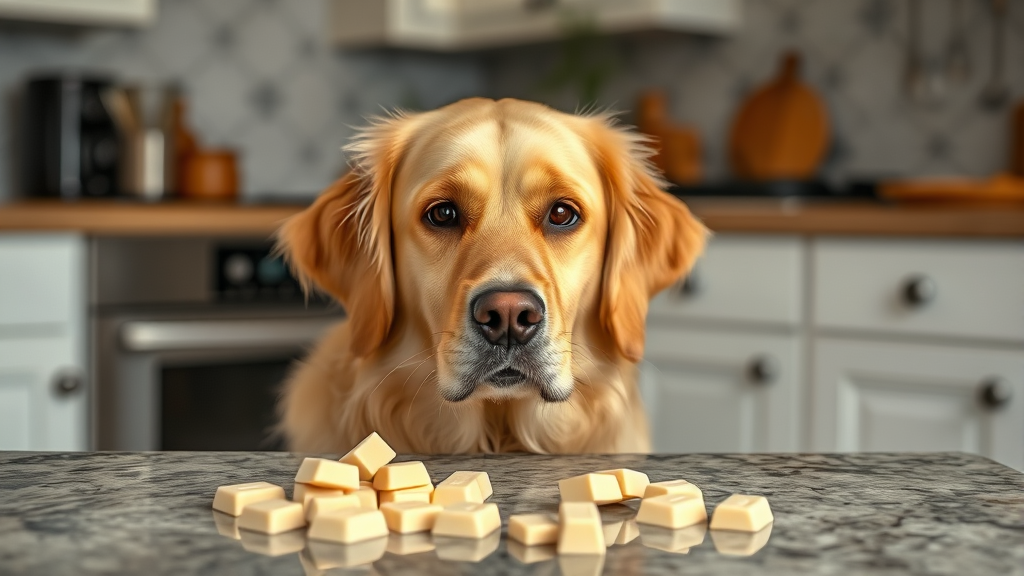 Golden retriever looking concerned near white chocolate pieces on kitchen counter, no text no words no letters