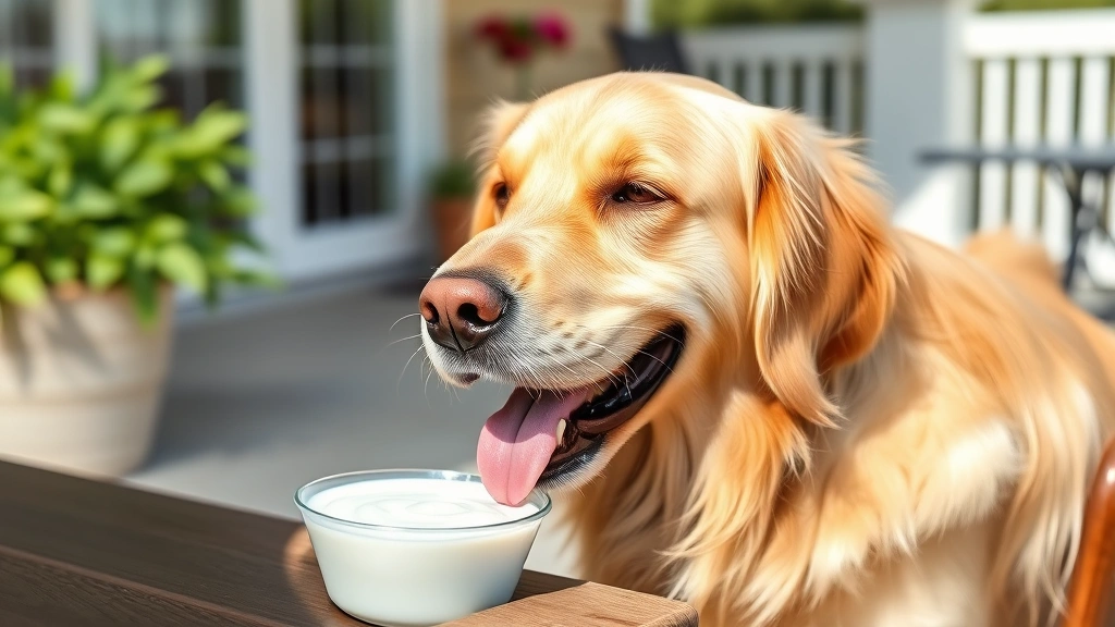 Golden retriever enjoying a small bowl of plain yogurt outdoors on a sunny patio, looking happy and content