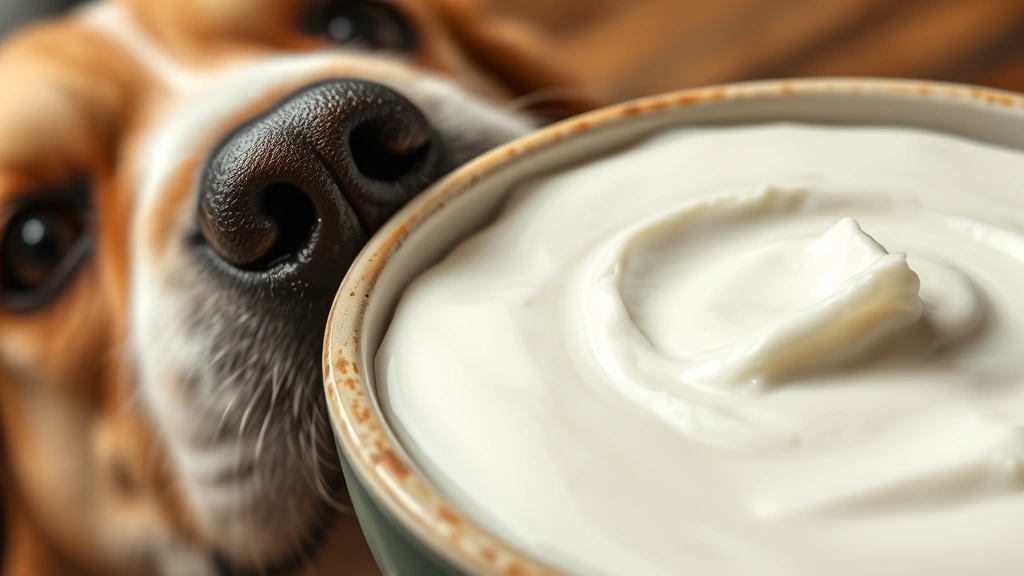 Close-up of plain Greek yogurt in a ceramic bowl with a dog's nose visible at the edge, curious expression