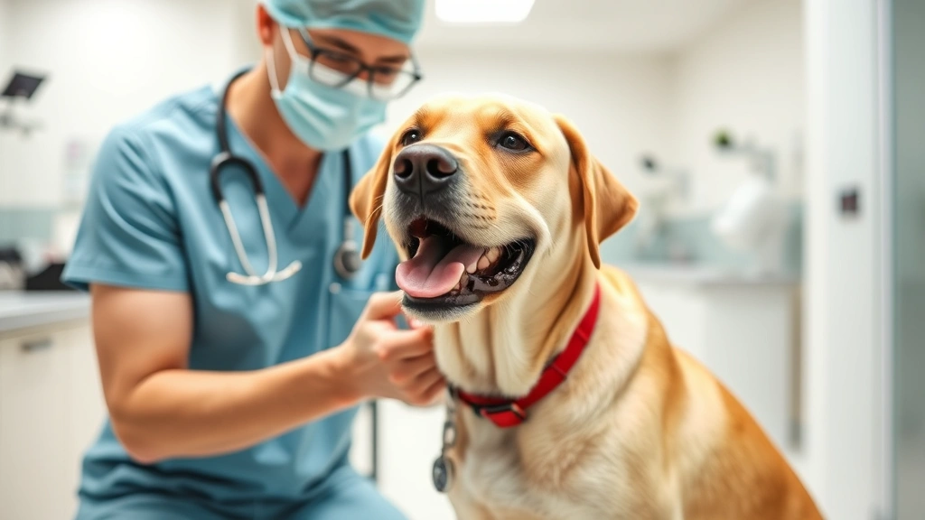 Veterinarian examining a happy Labrador during a wellness check at a modern veterinary clinic