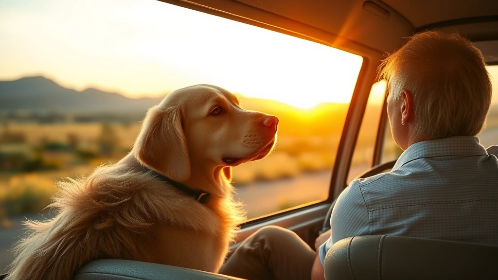 Person and golden retriever traveling together in vintage van, dog's head out window, sunset landscape, photorealistic, warm golden hour lighting