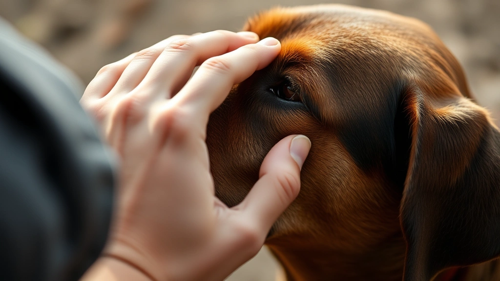 Close-up of person's hand petting brown dog's head, intimate moment showing affection and trust, soft natural lighting, emotional connection