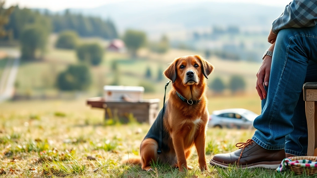 Dog sitting peacefully at owner's feet during outdoor picnic, serene countryside setting, photorealistic, capturing quiet companionship and loyalty