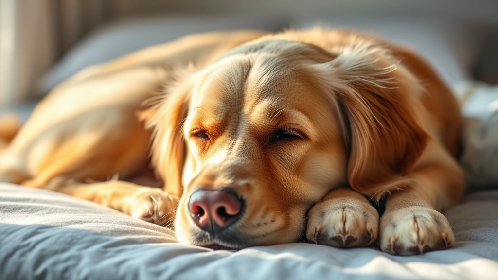 Senior golden retriever resting peacefully on a comfortable bed in soft natural light, showing gentle aging features