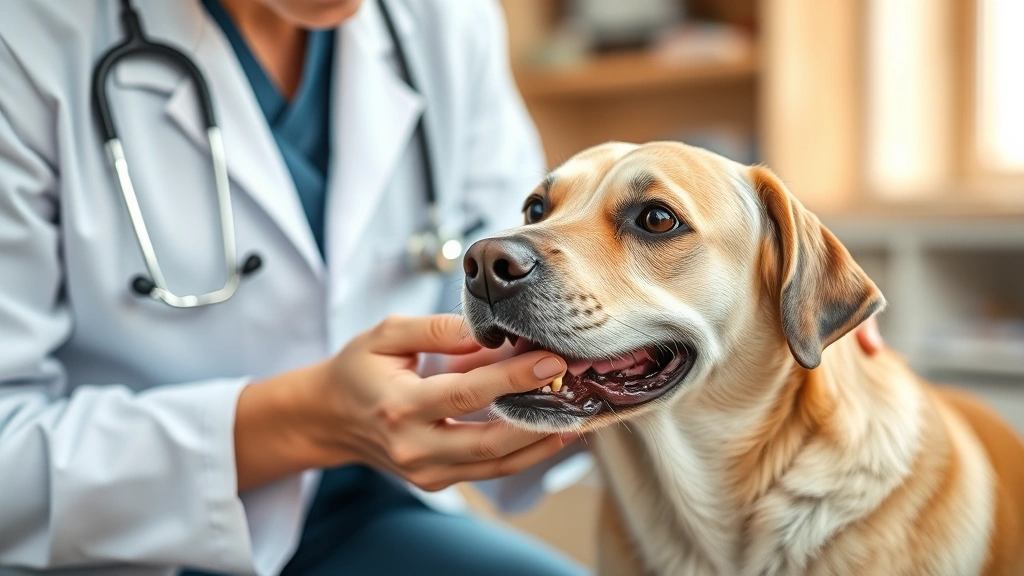Veterinarian's hands gently examining an older dog with kind expression during consultation, warm clinic setting