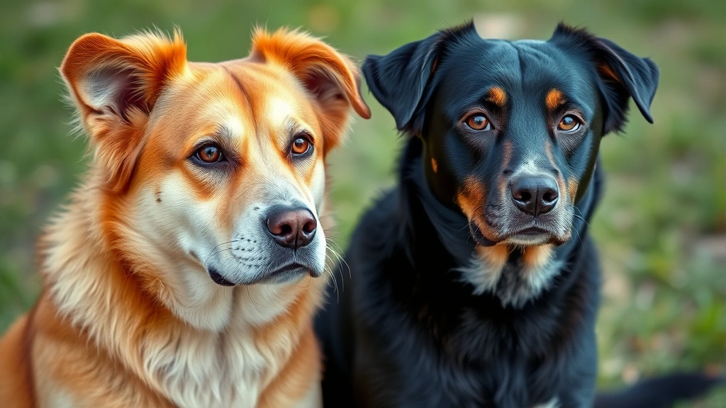 Two dogs sitting side by side with contrasting expressions - one looking guilty, one looking innocent, natural outdoor lighting, clear facial features