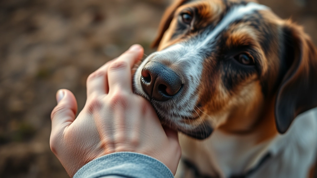 Close-up of owner's hand comforting their dog during quiet moment together, emotional but peaceful scene