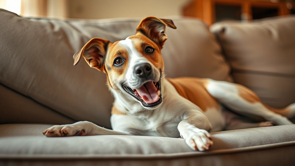 Dog lying on couch in dramatic pose with exaggerated expression, soft home lighting, candid authentic moment, humorous body language