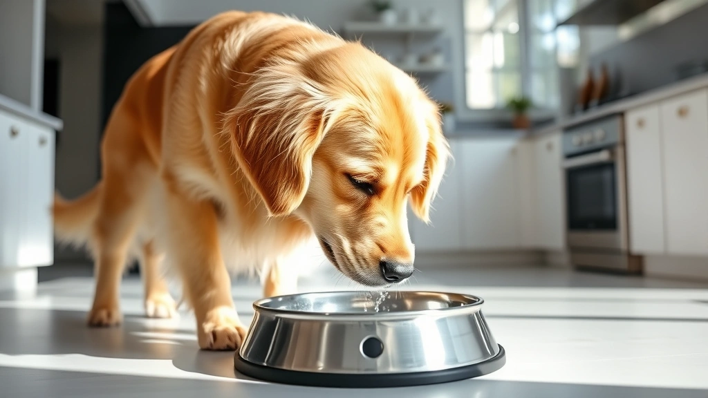 Golden retriever drinking fresh water from a stainless steel bowl in a bright, modern kitchen with natural sunlight