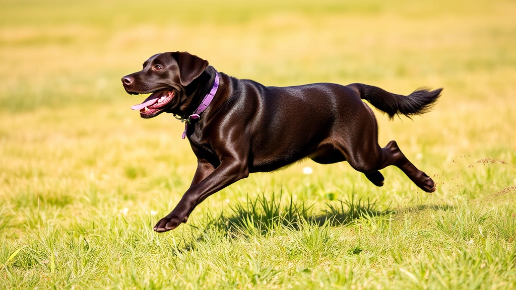 Active chocolate Labrador running through a grassy field on a sunny day, appearing happy and energetic