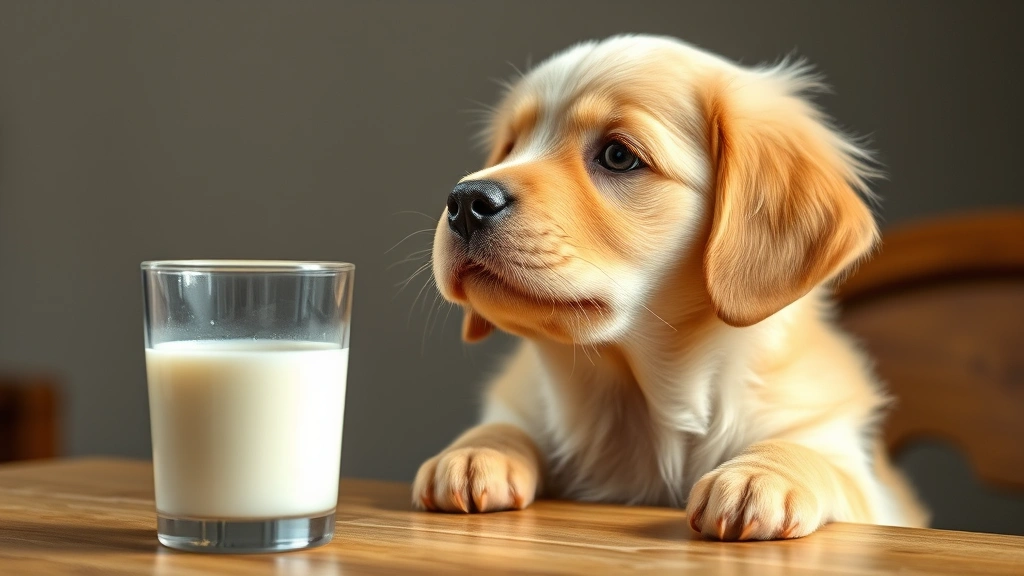 Golden retriever puppy looking up at a glass of milk on a wooden table, soft natural lighting, curious expression, photorealistic style
