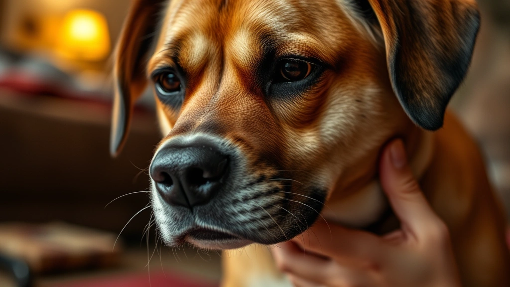 Close-up of a dog's face showing digestive discomfort with hand on stomach area, worried expression, warm indoor setting, photorealistic
