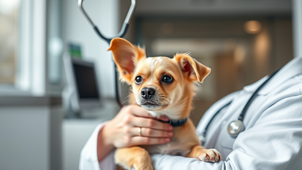 Veterinarian examining small dog with stethoscope in modern clinic setting, professional medical care, no text no words no letters