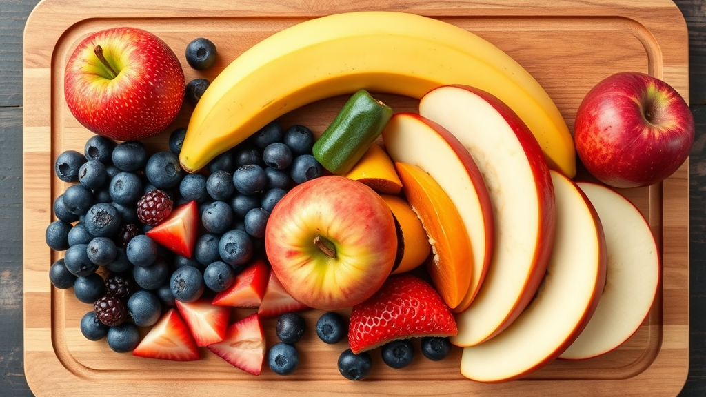 Colorful array of dog-safe fruits like blueberries apples bananas arranged on wooden cutting board, no text no words no letters