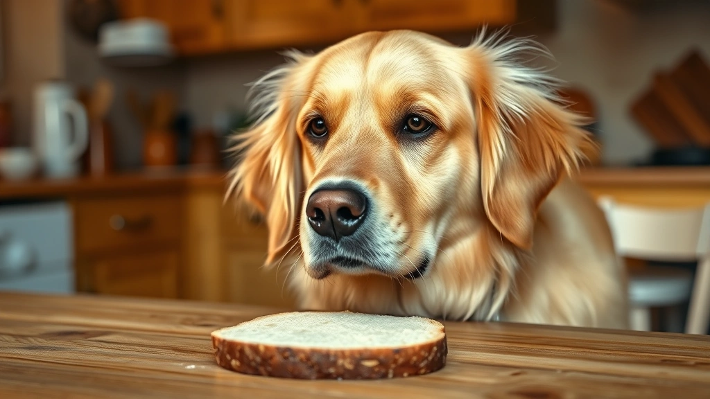 Golden retriever looking at a slice of bread on a wooden table, curious expression, warm kitchen lighting, photorealistic