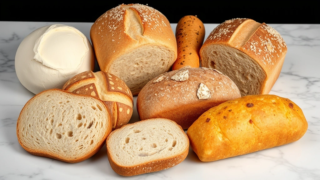 Assorted bread varieties arranged on a marble surface including white, whole wheat, sourdough, and cornbread, professional food photography lighting