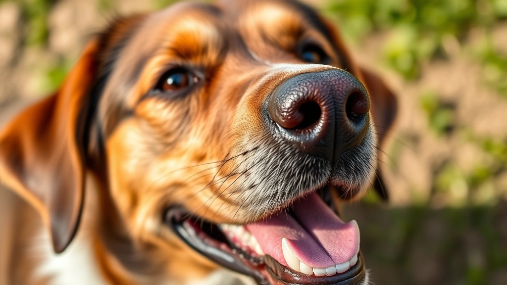 Close-up of a dog's face showing healthy skin and coat, outdoor natural lighting, happy and content expression, photorealistic portrait style