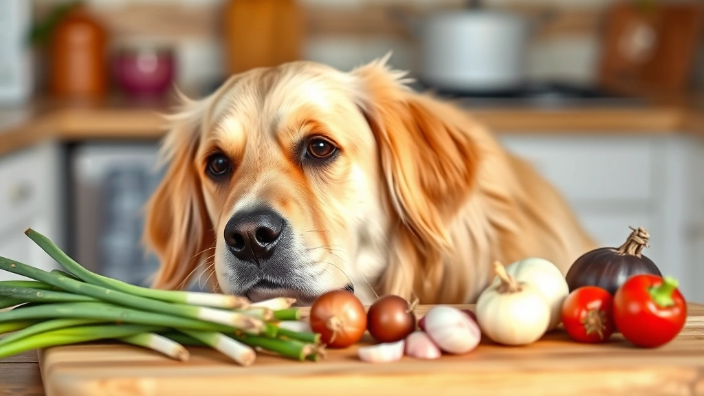 A golden retriever looking curiously at a cutting board with fresh onions and vegetables, photorealistic, clear subject, no text