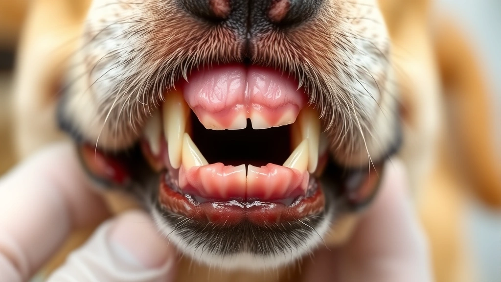 Close-up of dog's gums showing healthy pink color, veterinary examination style, photorealistic, no text or numbers
