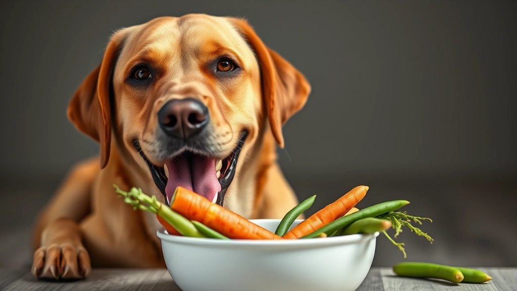 A happy Labrador eating safe vegetables like carrots and green beans from a bowl, photorealistic dog-focused composition, no text