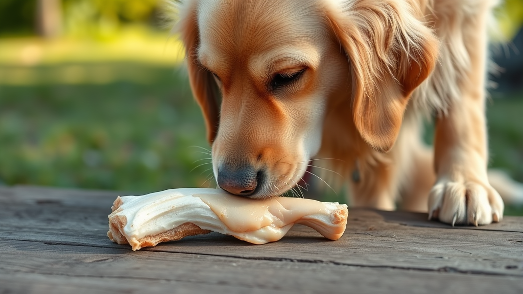 Golden retriever examining raw chicken bone on wooden surface, natural lighting, outdoor setting