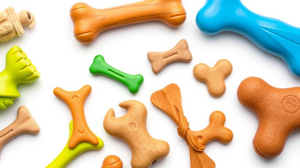 Close-up of various safe dog chew toys and dental treats arranged on white background