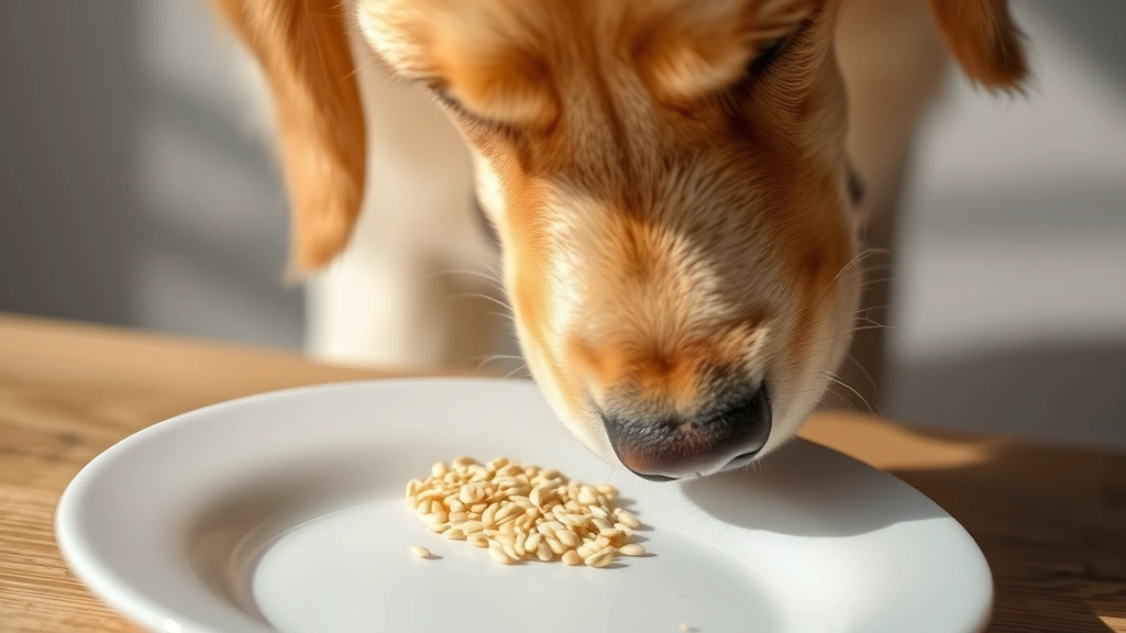 Close-up of a golden retriever sniffing at a small pile of sesame seeds on a white ceramic plate, curious expression, natural sunlight
