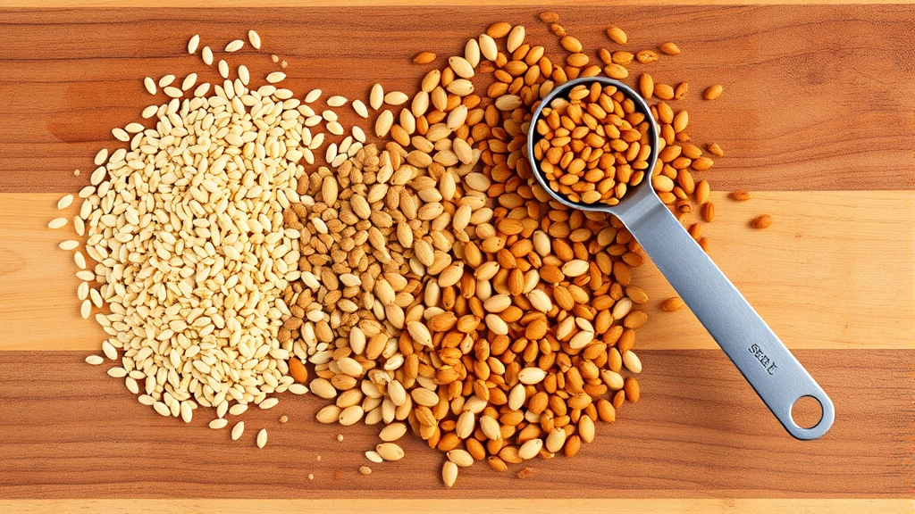 Overhead shot of various seeds scattered on a wooden cutting board including sesame, pumpkin, and sunflower seeds with a measuring spoon