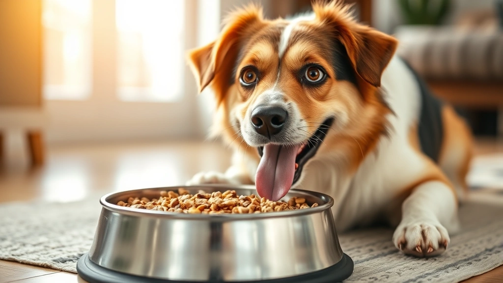 Happy medium-sized dog eating from a stainless steel bowl with crushed sesame seeds mixed into regular kibble, warm indoor lighting