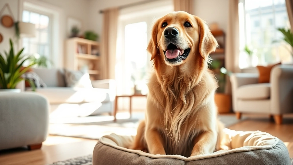 Happy golden retriever sitting in a bright living room with natural sunlight, looking content and relaxed on a comfortable dog bed